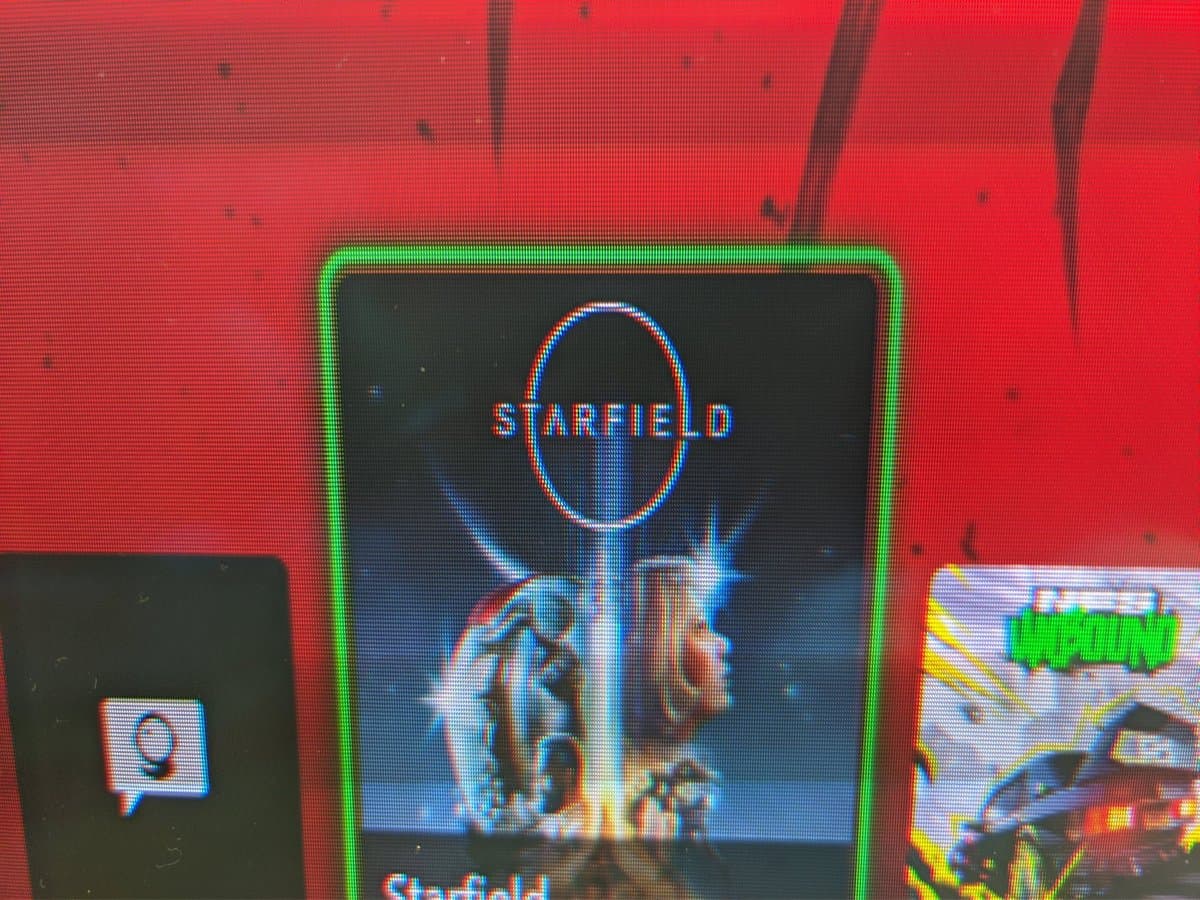 Sony CPD-E430 CRT displaying Starfield game at 720p via Xbox Series X, green monitor bezel visible, slight image distortion from camera angle.