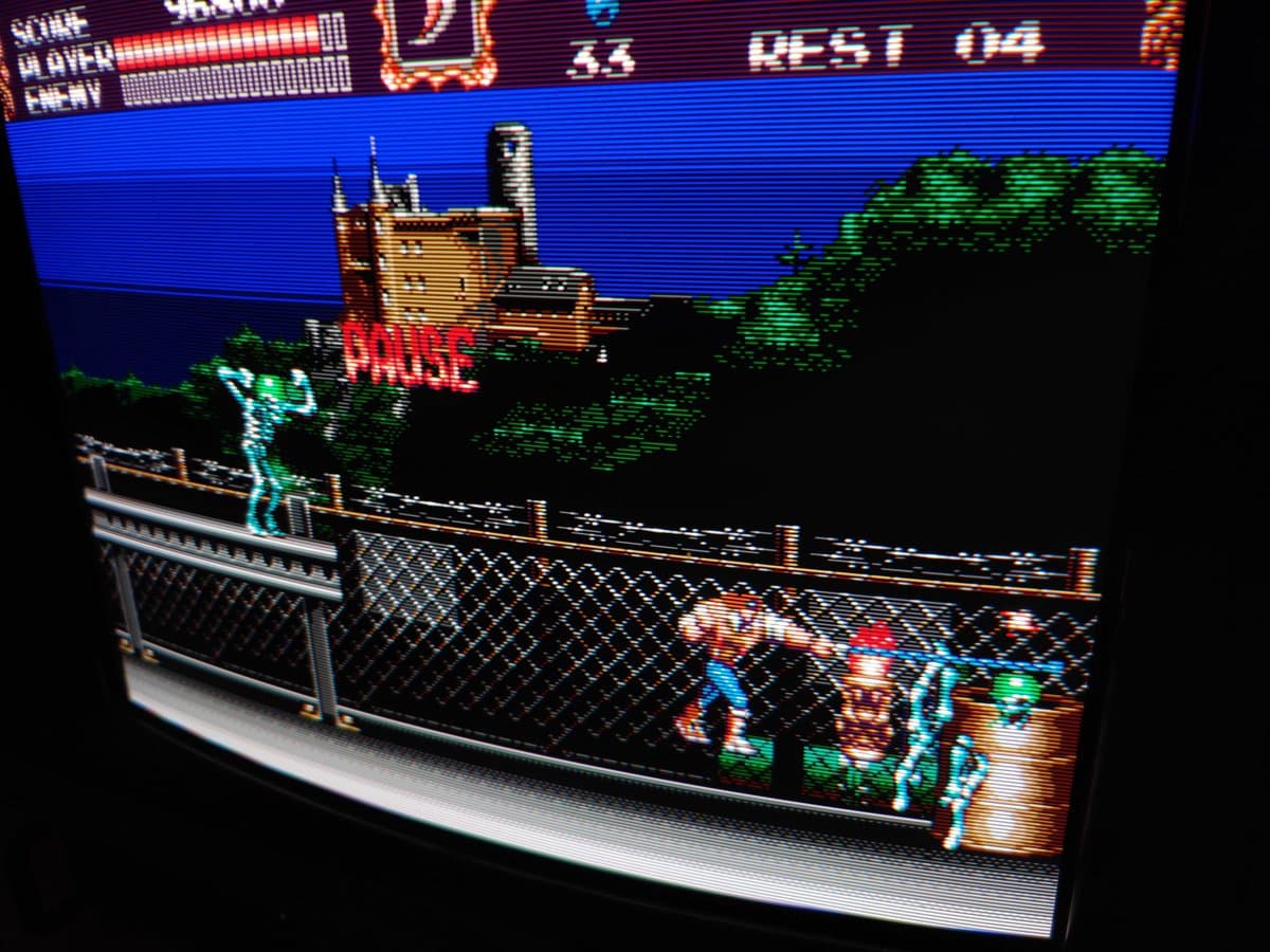 Sony PVM-14M4J displaying Castlevania IV gameplay test post power supply recap repair, vibrant color output restored.