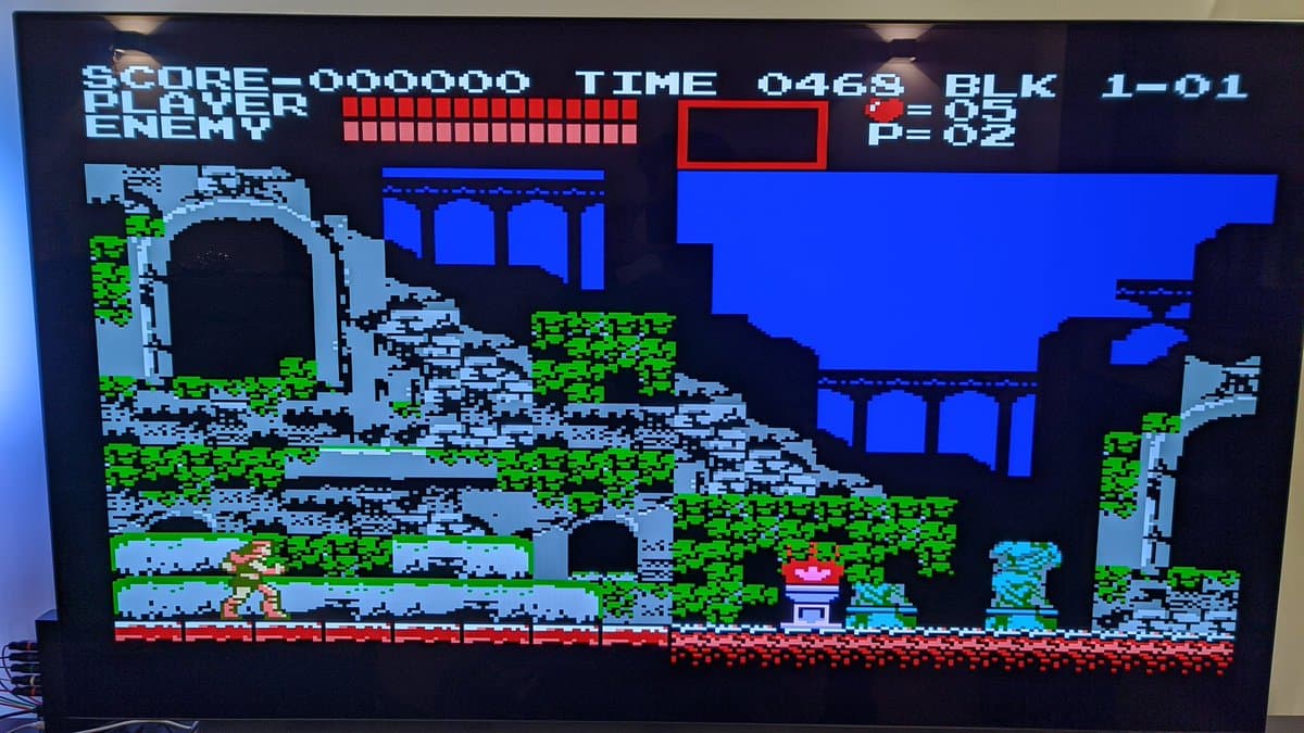 Castlevania II gameplay on Sharp Twin Famicom with NESRGB mod installed, displaying clean RGB output without scanlines via wireless mod and diamond accessory.