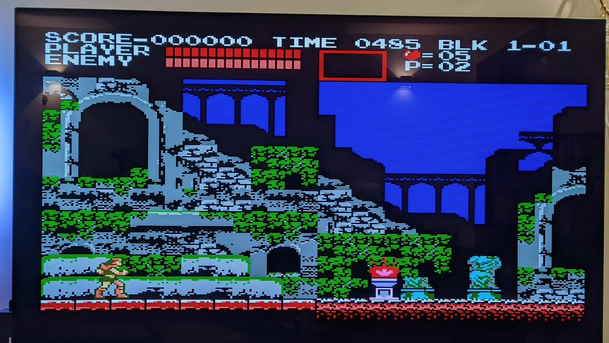 Castlevania II gameplay on Twin Famicom with NESRGB mod installed, displaying crisp RGB output via Retrotink 5X Pro upscaler.