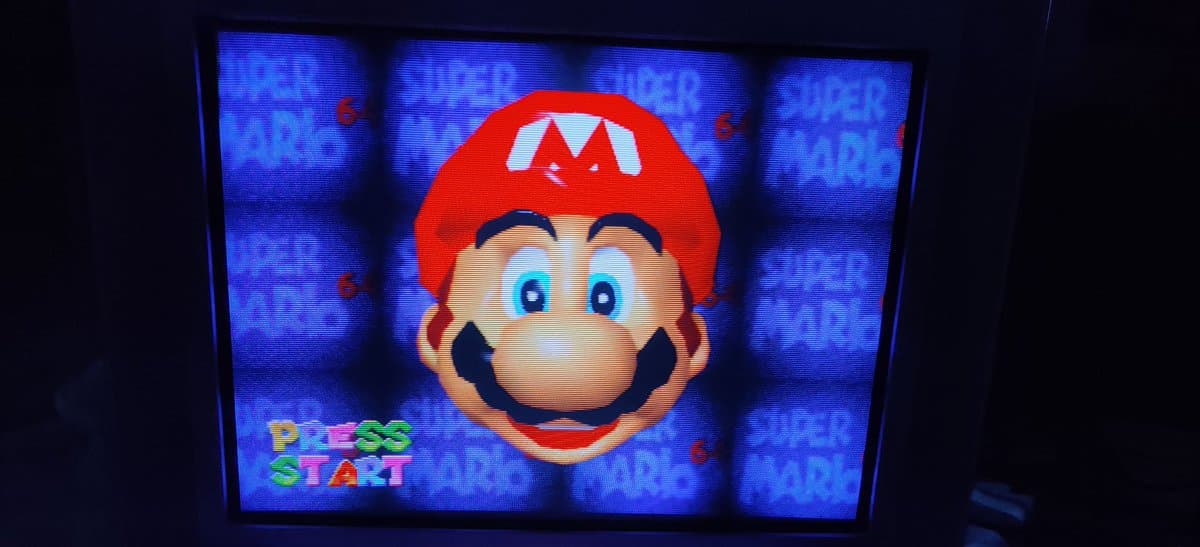 Super Mario 64 start screen displaying on CRT monitor via RGB output from modded NTSC-J N64 console.