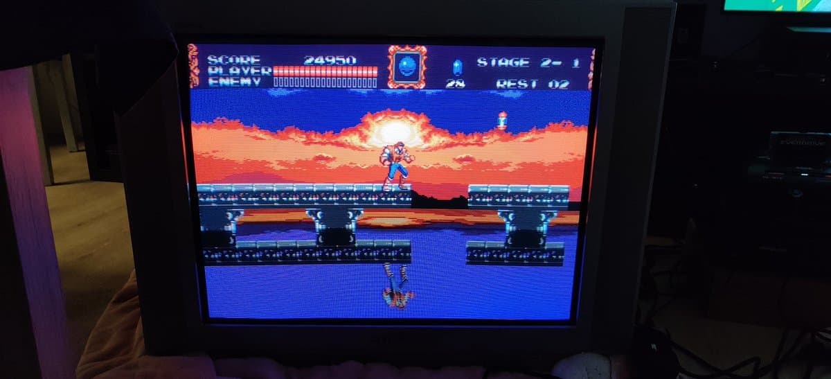 Castlevania IV running on modded Mega Drive II with triple bypass installation, displaying stage 2-1 gameplay with score 24950.