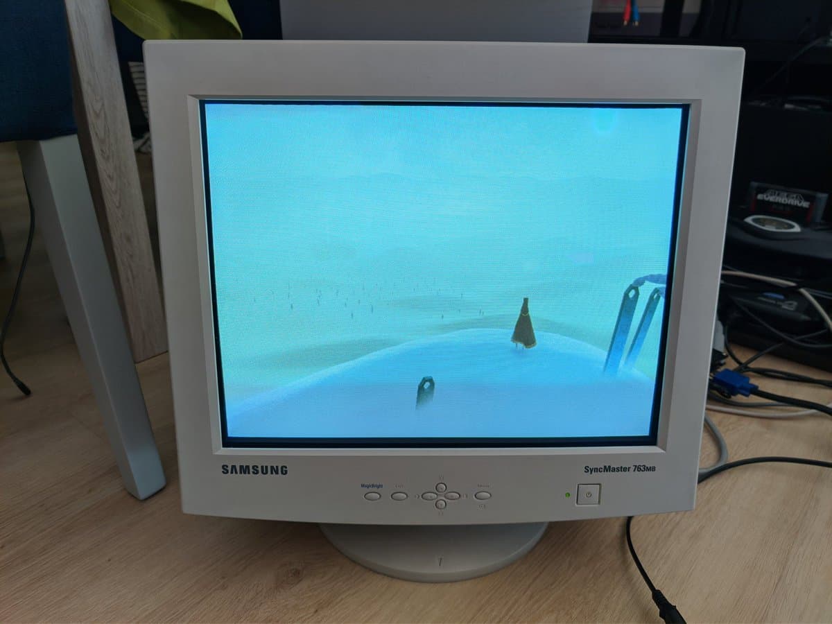 Samsung SyncMaster 763MB CRT monitor displaying blue water scene from Journey game during PlayStation 3 testing.