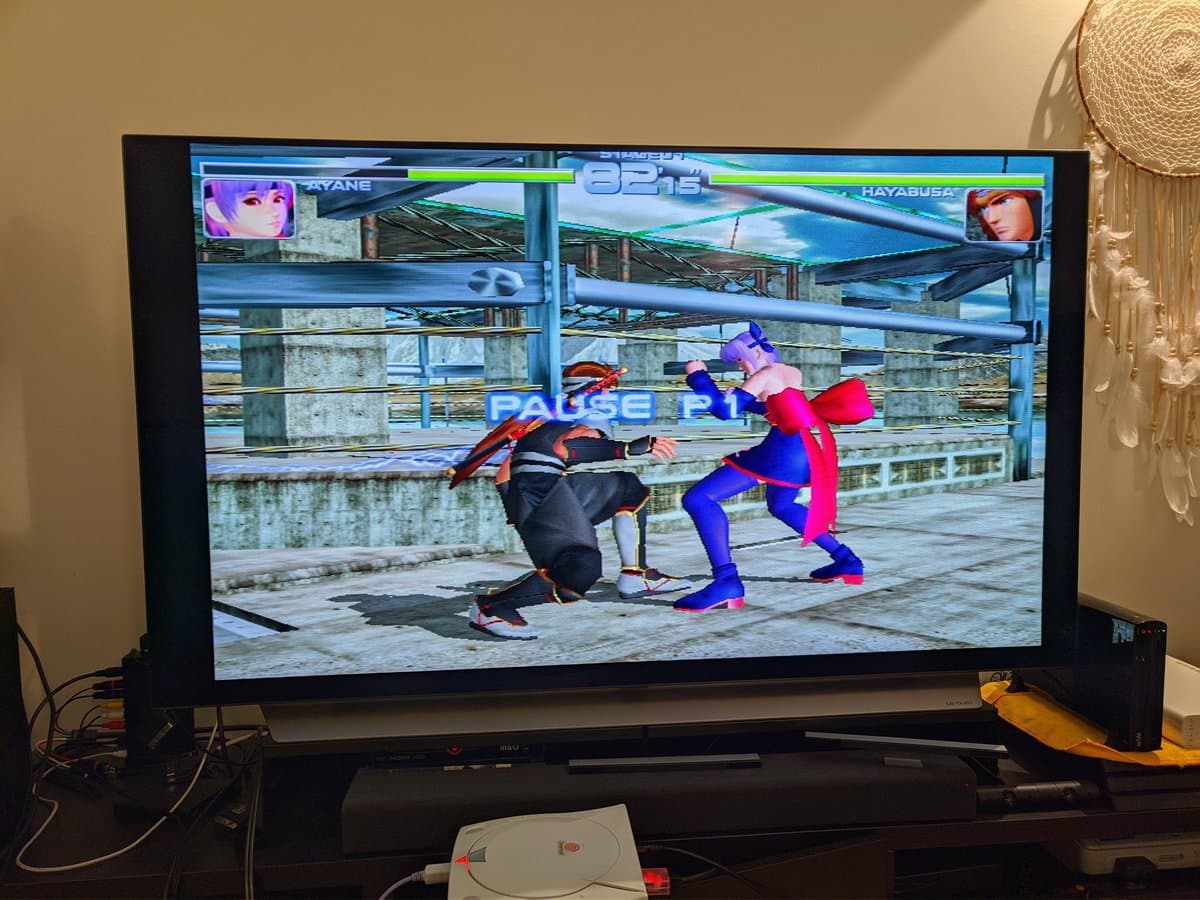 Dreamcast VA0 running Dead or Alive 2 via GDEMU mod, displayed on CRT monitor during testing phase of refurbishment.