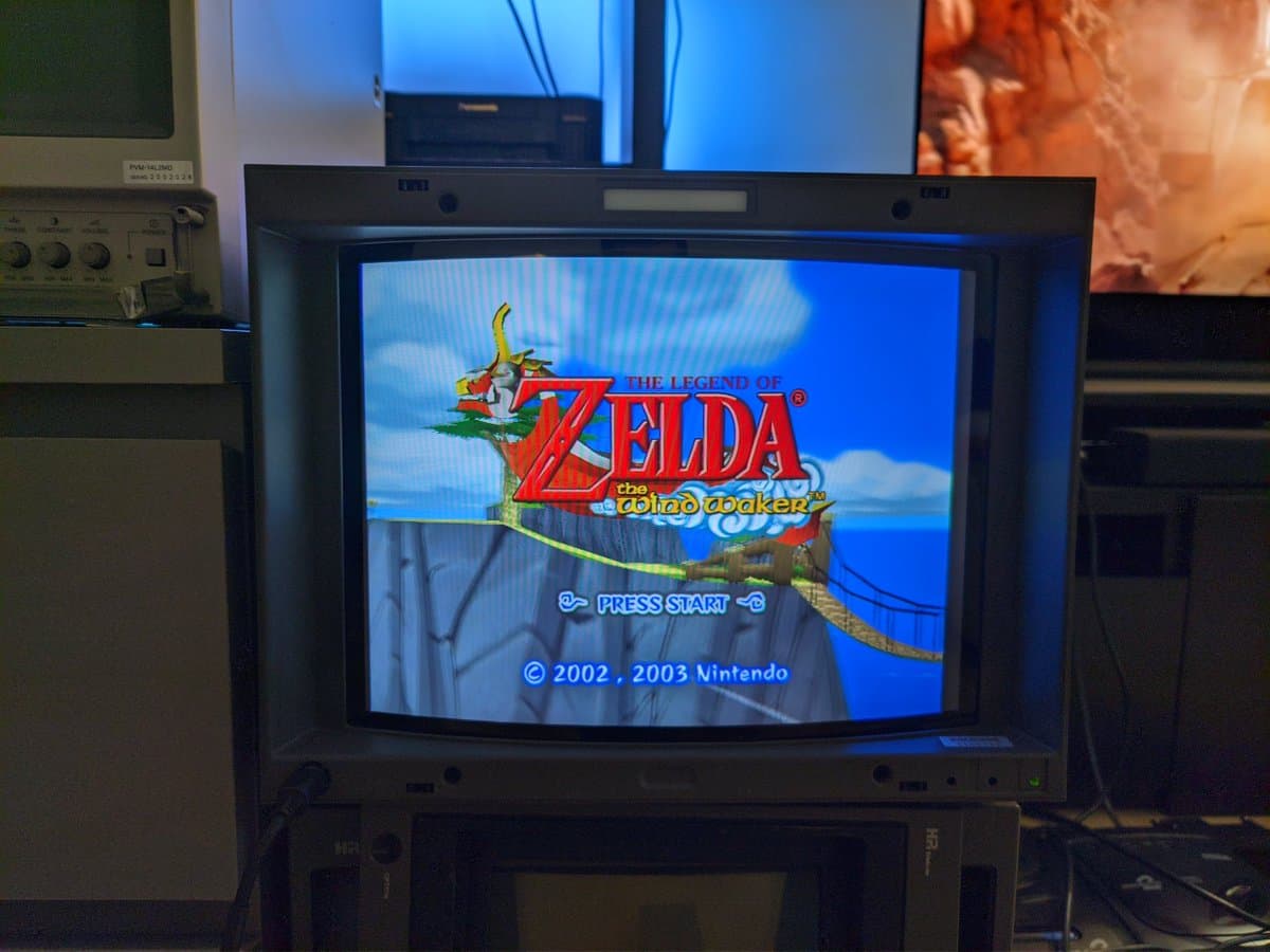 Sony BVM-D14H1E displaying Legend of Zelda: The Wind Waker startup screen in 4:3 mode with fascia removed, showing full screen visibility without 16:9 mask obstruction.