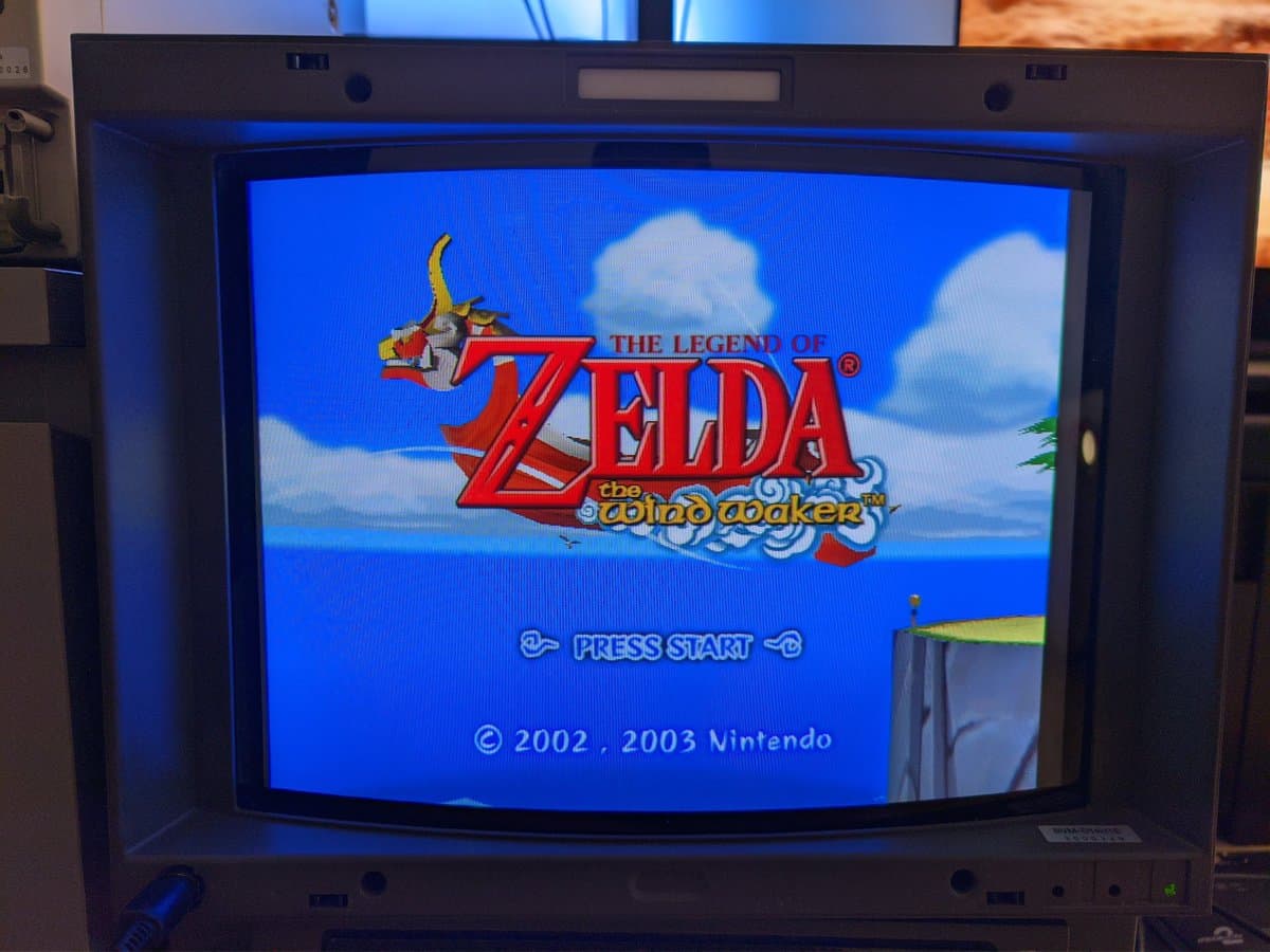 The Legend of Zelda: The Wind Waker title screen displayed on a Sony BVM-D14H1E CRT monitor in 4:3 aspect ratio after fascia removal modification.