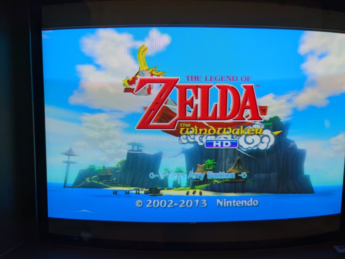 The Legend of Zelda: The Wind Waker HD title screen displayed on a Sony BVM-D14H1E professional CRT monitor at 1080i resolution via Wii U.