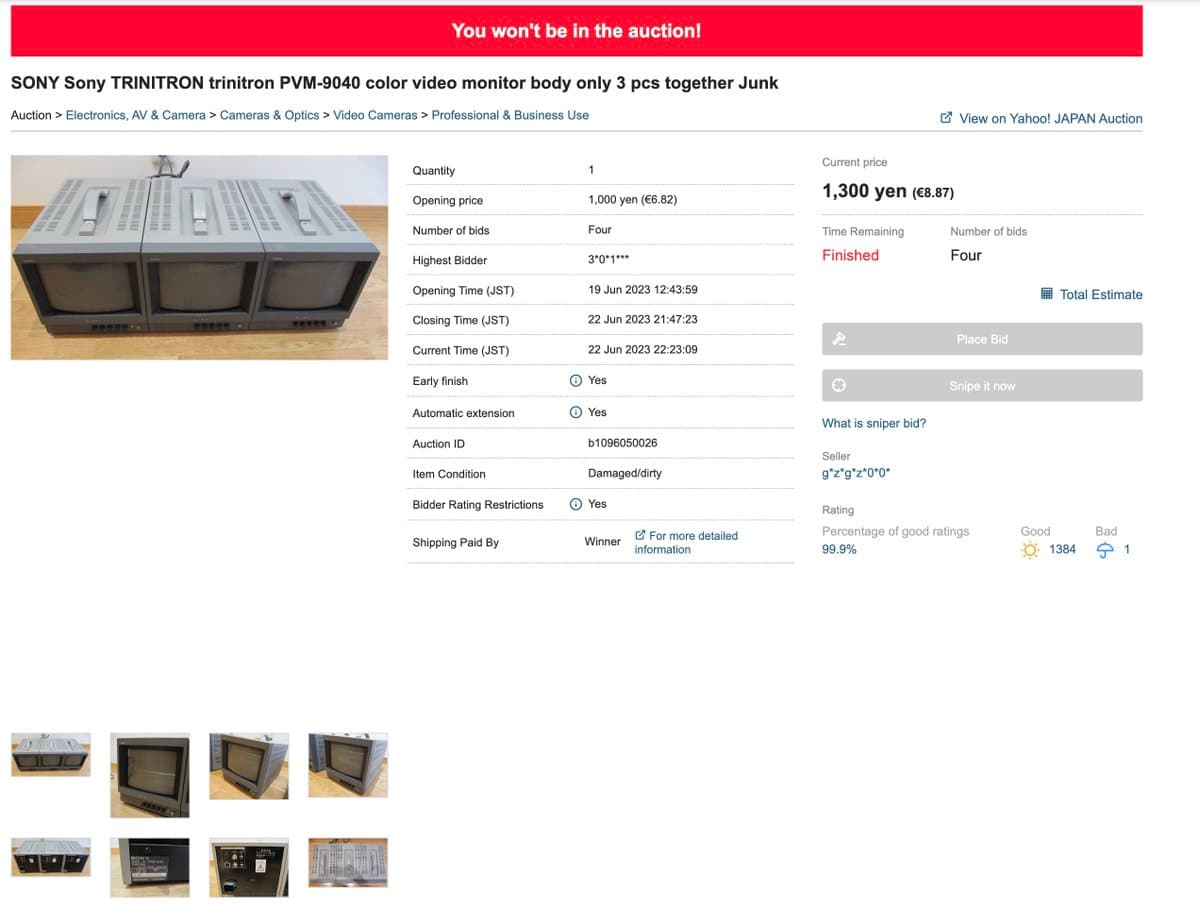 Three Sony PVM-9040 CRT monitors arranged side-by-side, showing exterior casings and control panels before repair work begins.