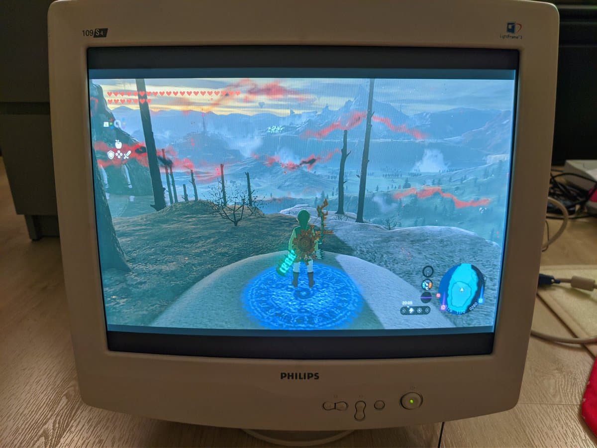 Philips 109S4 CRT displaying Legend of Zelda: Tears of the Kingdom, showing shadow mask performance with game UI visible on curved display.