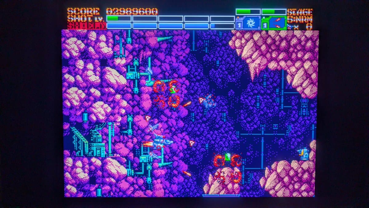 OSSC firmware test displaying Earthworm Jim on Mega Drive in 1440p with PC Engine composite colour palette emulation via RGB output.