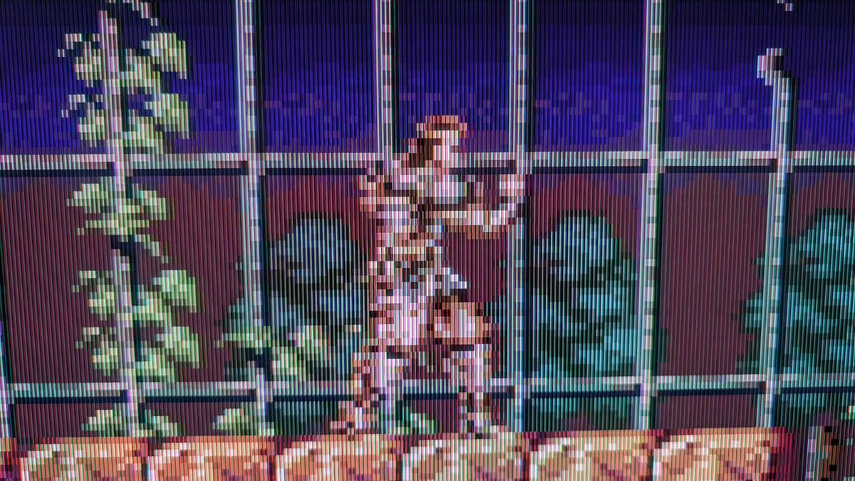 Castlevania IV running on recapped Super Famicom Jr. via S-video through Tink4K Pro, showing pixelated sprite graphics on CRT display.