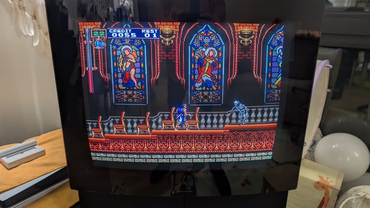 NEC PC Engine CoreGrafx displaying Castlevania Rondo of Blood after recap and jailbar fix capacitor replacement.