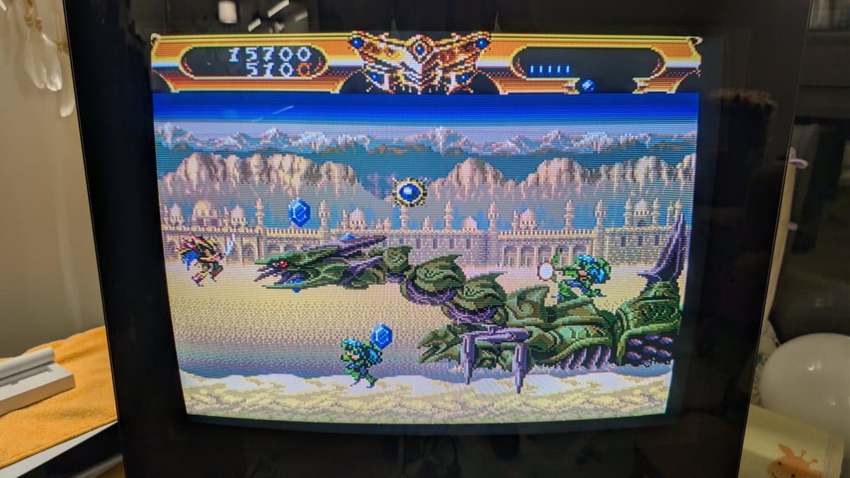 NEC PC Engine CoreGrafx displaying Rondo of Blood gameplay after recap repair and jailbar fix capacitor replacement.