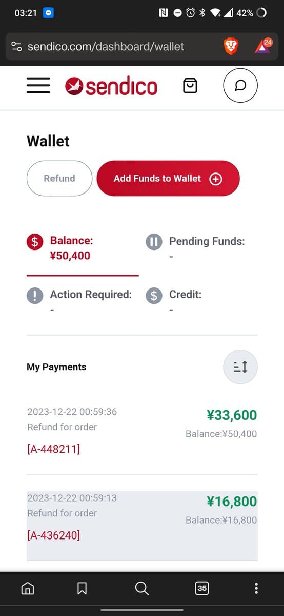 Sendico wallet dashboard showing ¥50,400 balance and refund transactions totaling ¥33,600 and ¥16,800 for damaged monitor shipments.