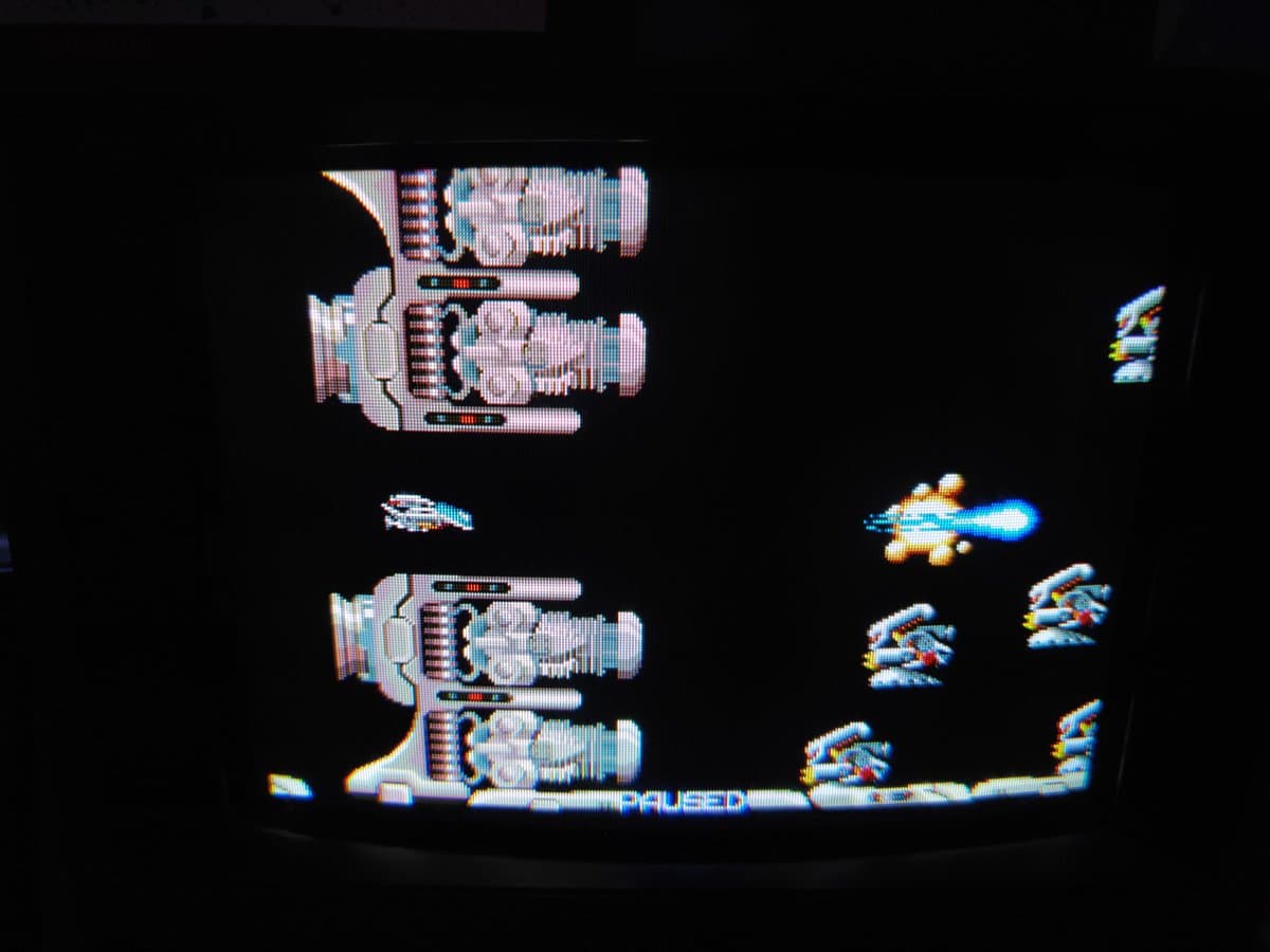 R-Type demo running on restored PVM-9041Q, displaying pixel-perfect scanlines with vibrant sprite graphics and sharp geometry.