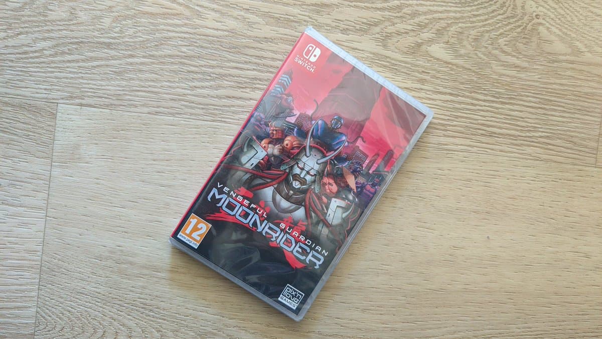 Nintendo Switch game case for Vengeful Guardian: Moonrider on wooden surface, unrelated to CRT monitor repair.