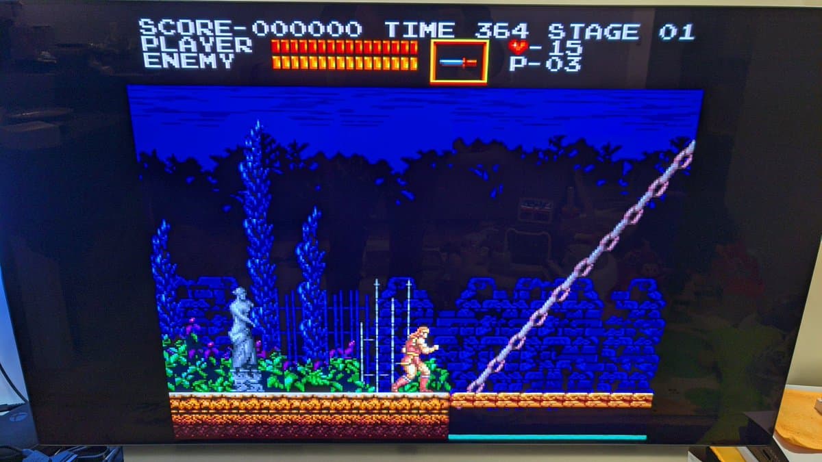 Sharp X68000 Pro II running Castlevania Stage 01; restored system displaying vibrant graphics after capacitor, transistor, and component replacements.