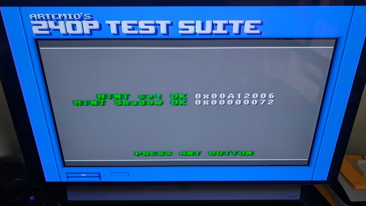 Wondermega 240p test suite showing passed BIOS and shadow OK checks in green text on gray display.