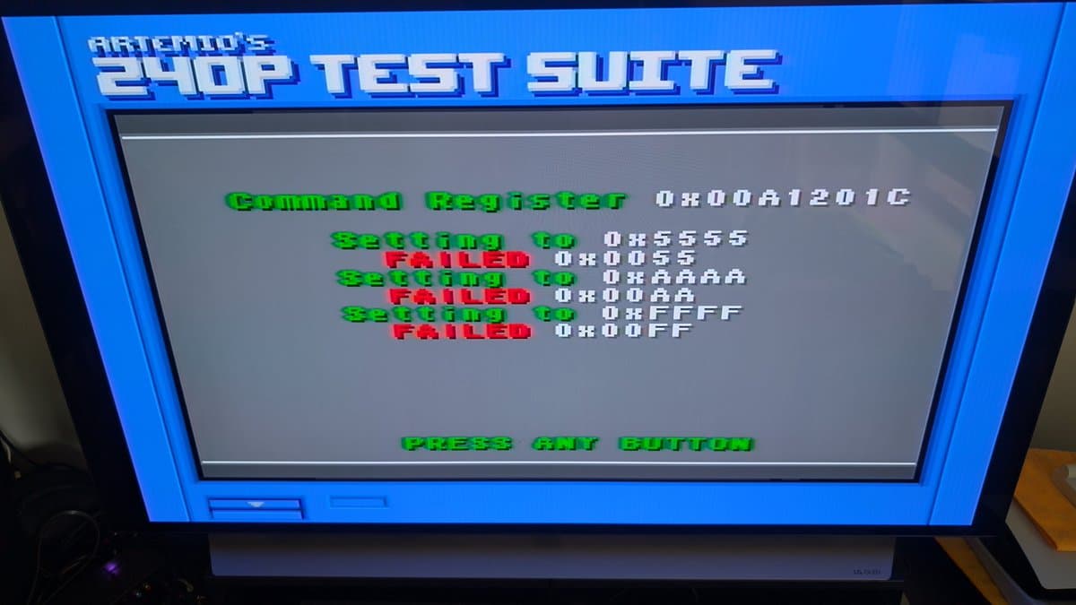 Sega Wondermega 240p test suite displaying command register failures in green and red text on gray background.