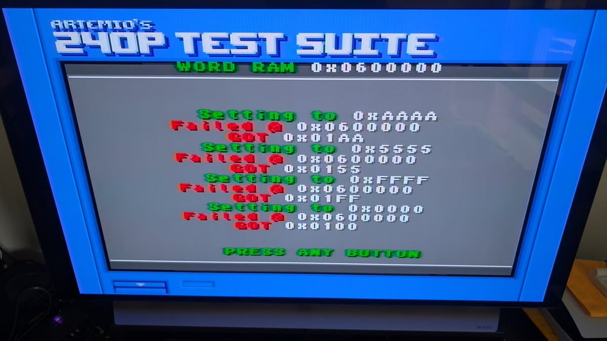 Sega Wondermega 2540 Test Suite display showing multiple failed Program RAM and Word RAM tests with hex addresses and error codes in green and red text.