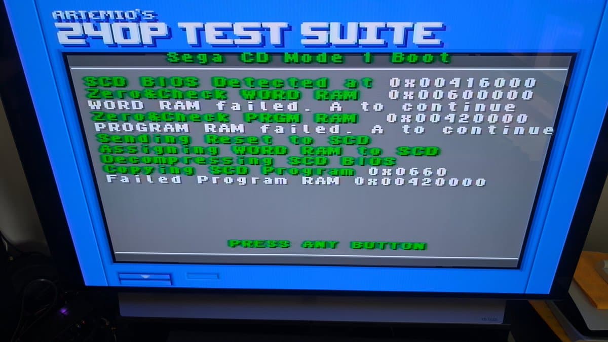 Sega 240P Test Suite showing multiple failed diagnostics: SRAM, WORD RAM, Program RAM, and SG0 Blue tests all failed with error codes displayed.