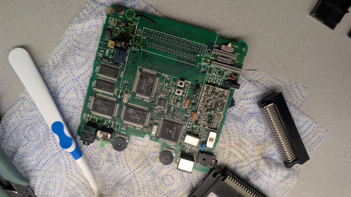 PC Engine LT mainboard soaking in white vinegar on lint-free cloth to neutralize capacitor electrolyte leakage; ESD brush and connectors visible nearby.