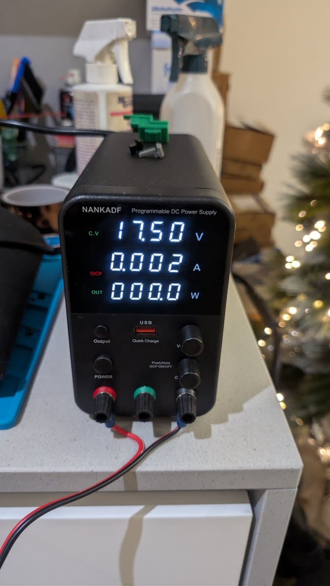 NANKADF programmable DC power supply displaying 17.50V, 0.0002A, 0.000W during PC Engine LT screen voltage testing.