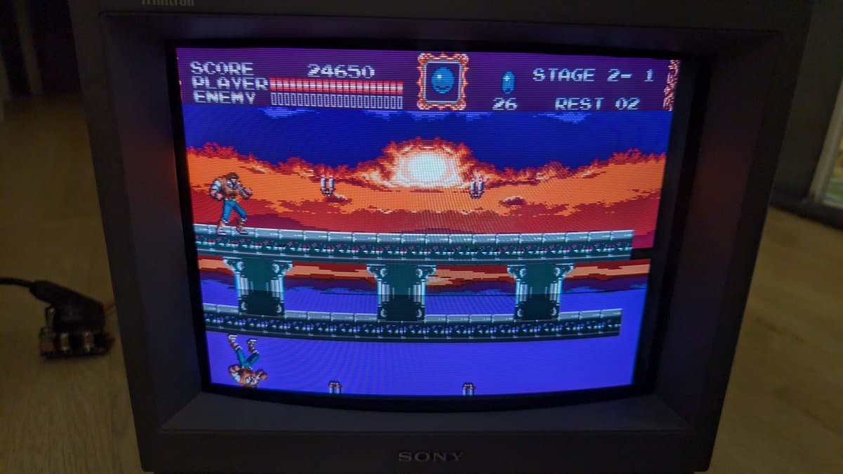 Castlevania Stage 2-1 displayed in RGB on Sony PVM-14L1 CRT monitor, showing vibrant colors and crisp image quality from successful RGB mod.