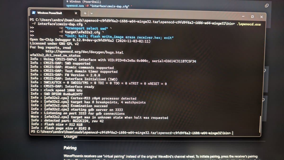OpenOCD debugger output showing successful connection to STM32L2 processor with GDB server listening on port 3333 during WavePhoenix firmware flash.