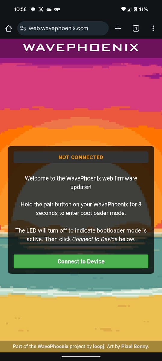 WavePhoenix web firmware updater interface showing "NOT CONNECTED" status with instructions to enter bootloader mode on the WaveBird receiver.