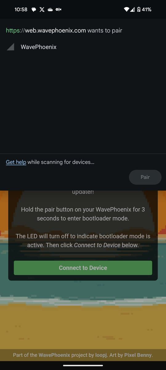 WavePhoenix pairing screen showing bootloader mode instructions and "Connect to Device" button for WaveBird receiver pairing setup.
