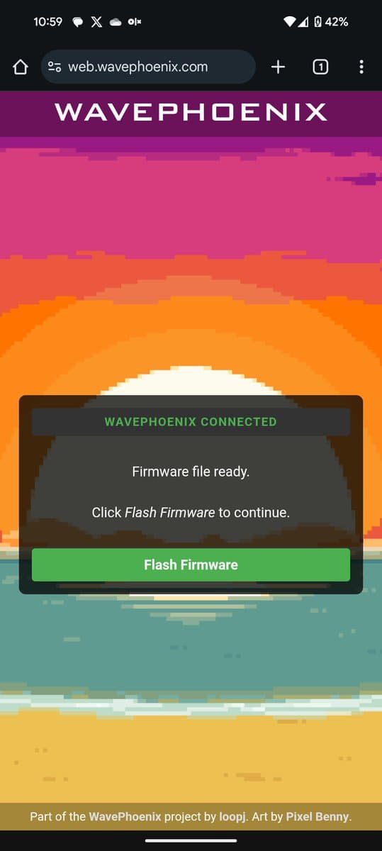 WavePhoenix web interface showing "Firmware file ready" dialog with green "Flash Firmware" button to proceed with flashing custom firmware to WaveBird receiver.