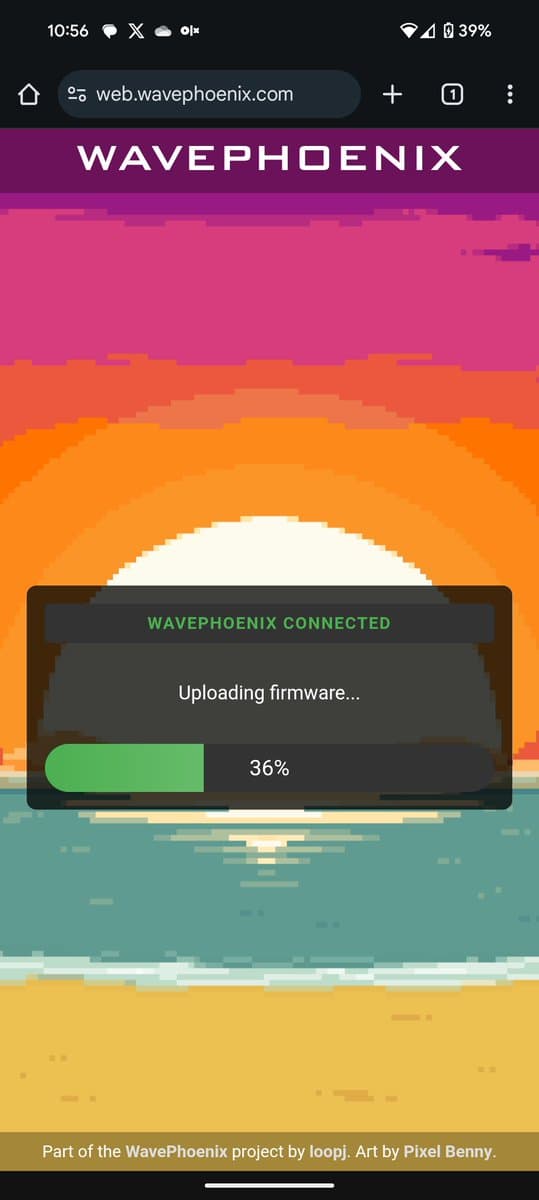 WavePhoenix firmware upload in progress at 36%, showing green progress bar on connected receiver during WaveBird mod installation.