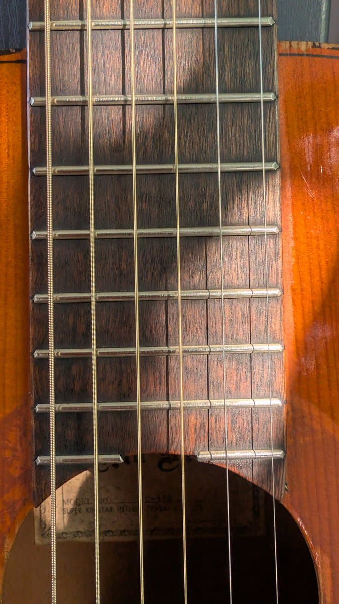 Close-up of acoustic guitar fretboard showing cleaned frets and polished rosewood with brass frets and strings visible.
