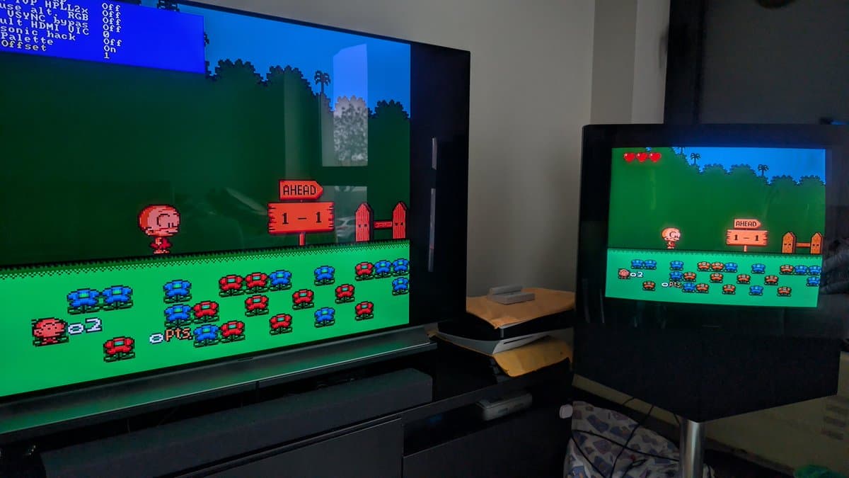 Two displays showing PC Engine game with experimental composite palette emulation on modded OSSC; left monitor displays full scene, right shows zoomed detail.