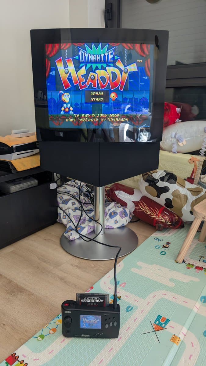 B&O Beovision 1 CRT neck board showing disconnected yellow plug after Velocity Scan Modulation disable repair.