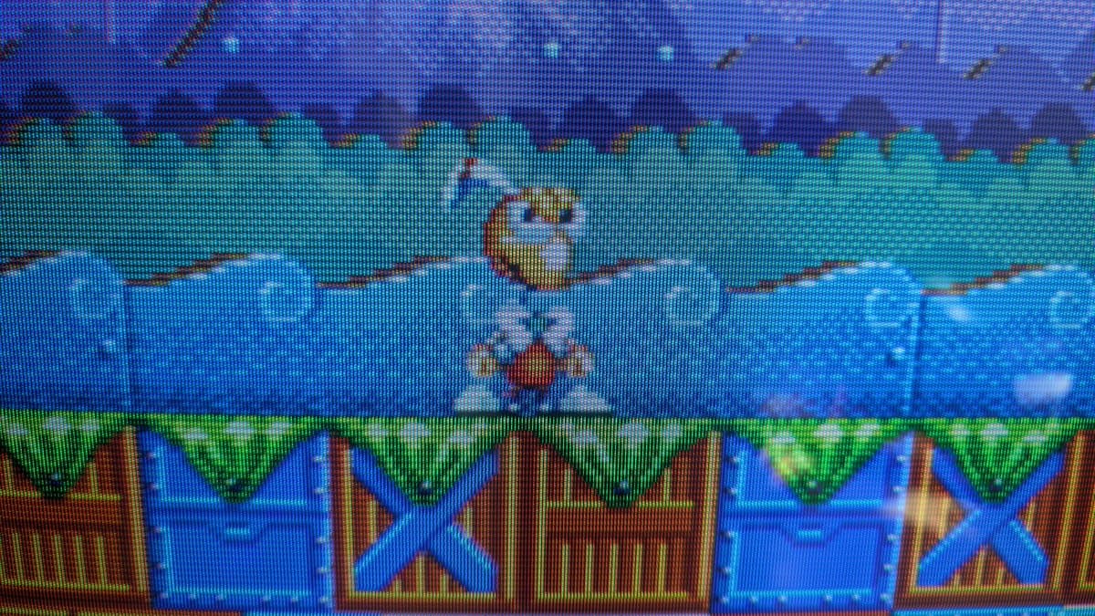 Beovision 1 CRT display showing perfect picture quality after smoke incident repair; yellow neck board plug visible, VSM disabled.